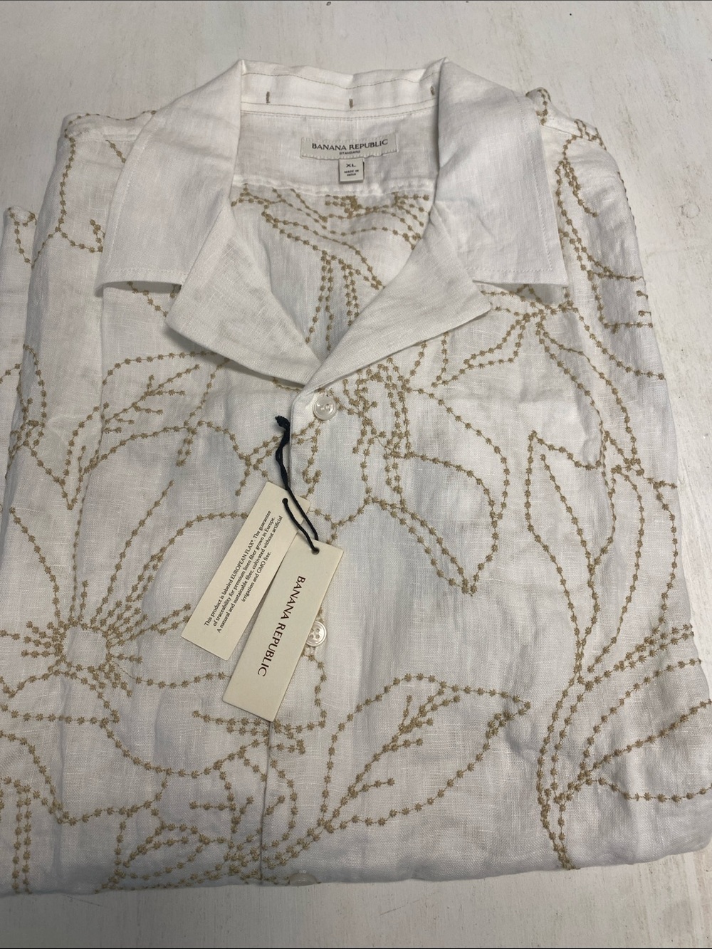 Banana Republic White Linen Shirt with Gold Vine Embroidery